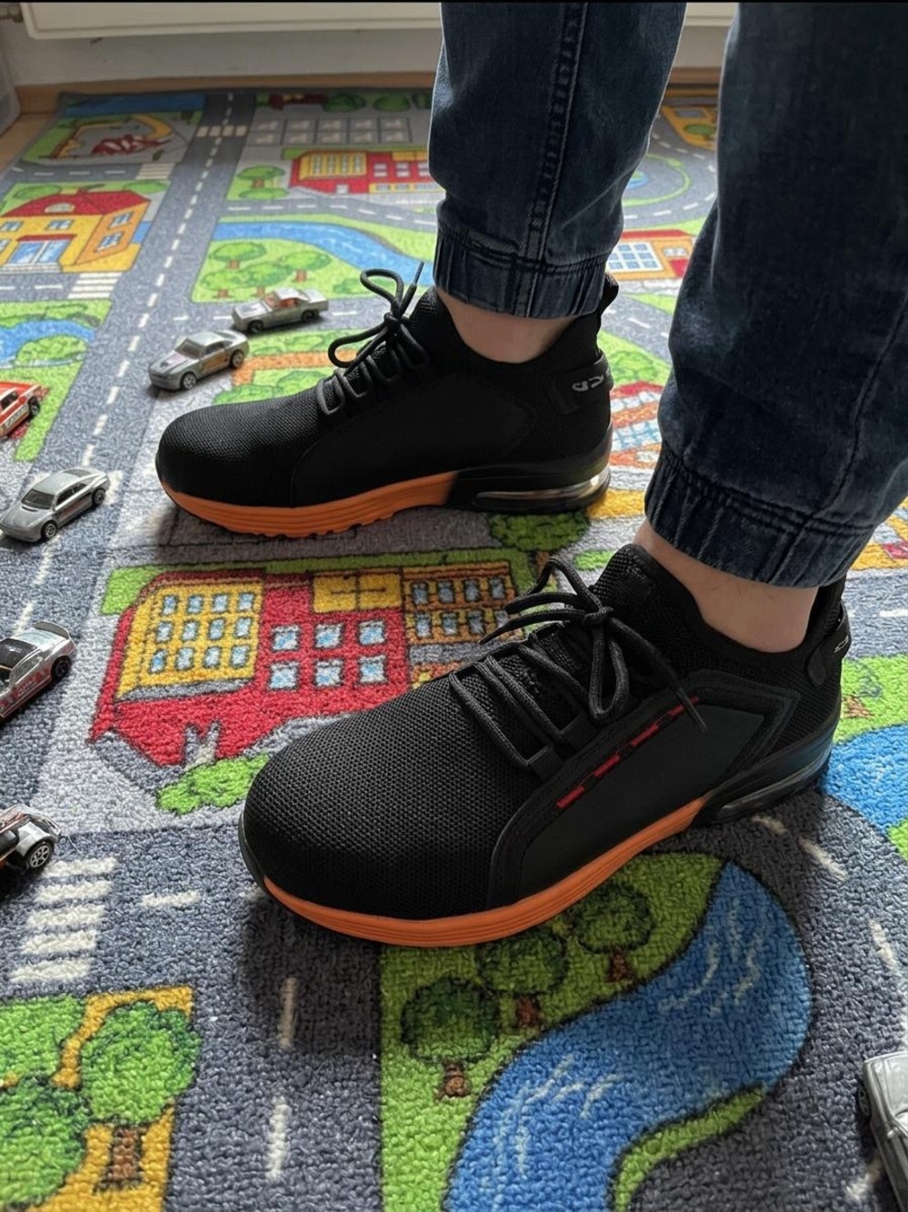 Men's Black Steel Toes Athletic Sneakers with Orange Sole